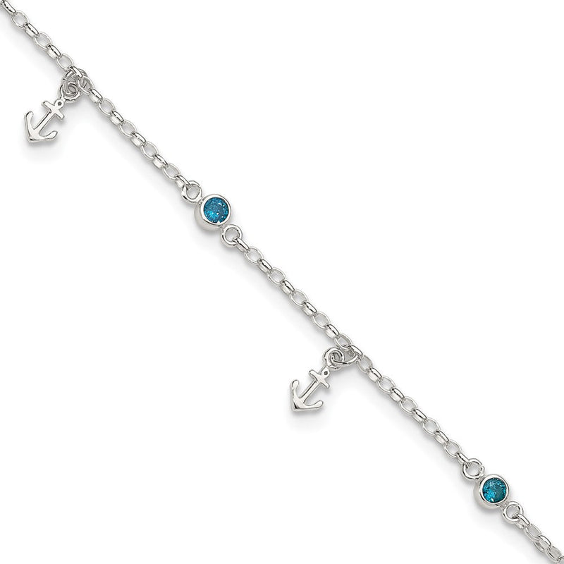 Sterlingsilber Poliert Blau Zirkonia und Anchors 9 Zoll Plus 1 Zoll Verlängerung Fußkettchen