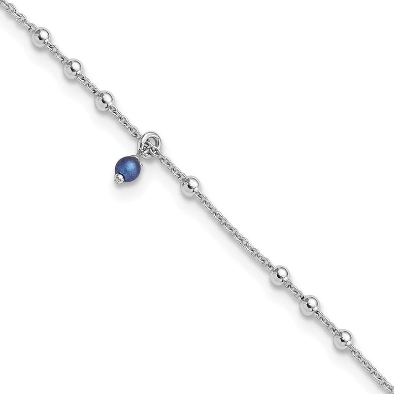Sterlingsilber Rhodiniert Blau Kristall Perle 9 Zoll Plus 1 Zoll Verlängerung Fußkettchen