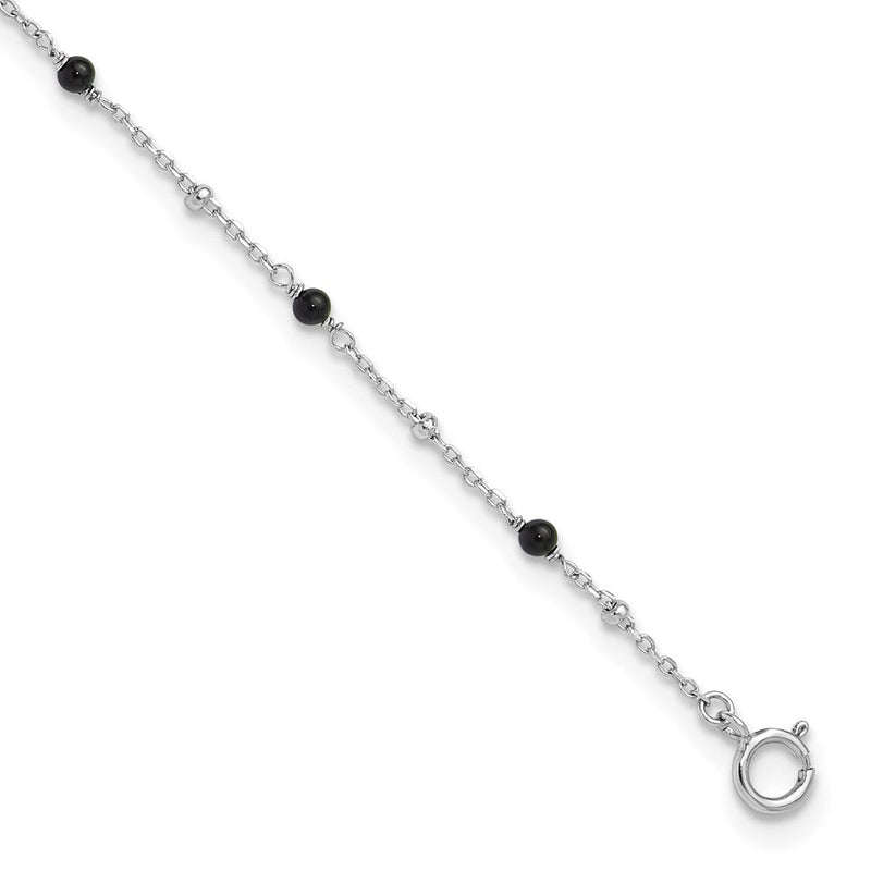 Sterlingsilber Rhodiniert Onyx Gekugelt 9.25 Zoll Plus 1 Zoll Verlängerung Fußkettchen