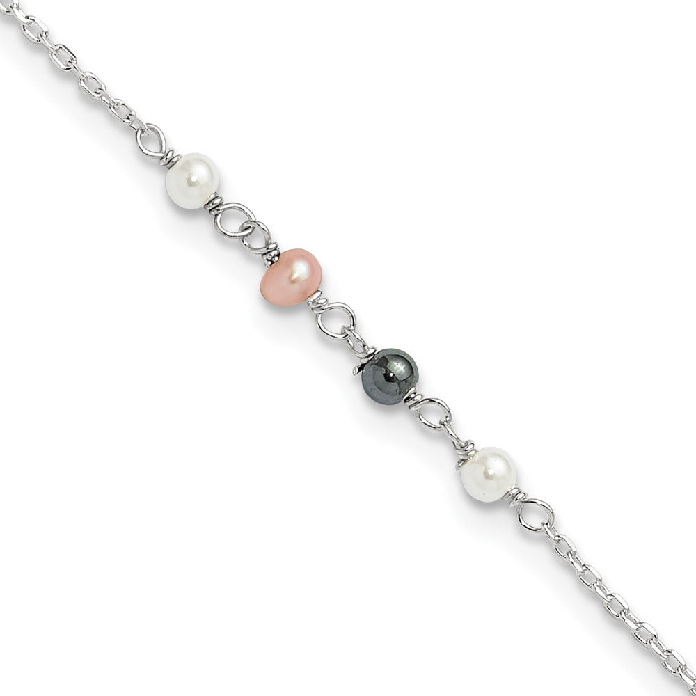 Sterlingsilber Poliert Syn. Rosa, Schwarz, Weiß Perle 9 Zoll Plus 1 Zoll Verlängerung