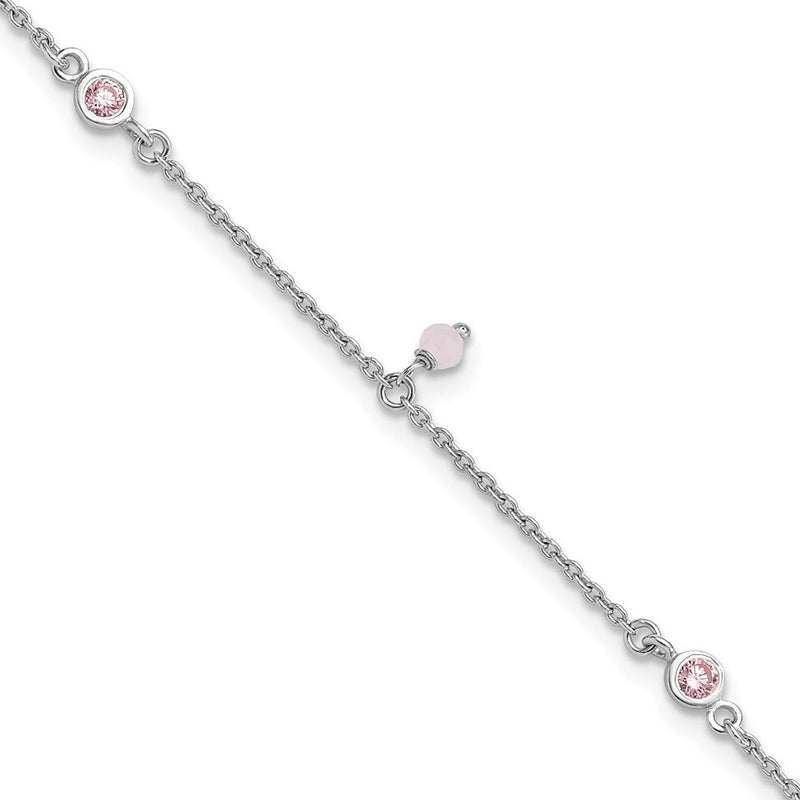 Sterlingsilber Rhodiniert Rosa Zirkonia/glass Perlen 9 Zoll Plus 1 Zoll Verlängerung Fußkettchen