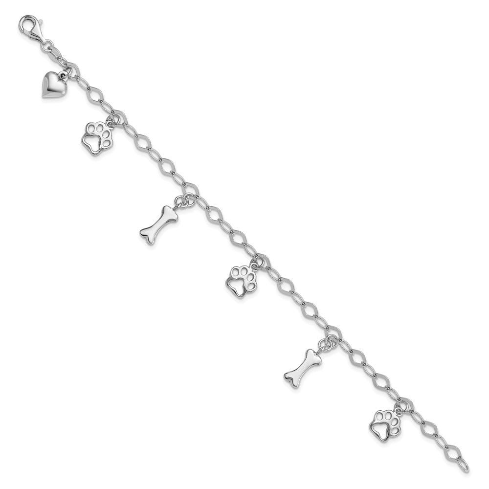 Sterlingsilber Rhodiniert Hund Bone Paw Herz Charm 7.5 Zoll Armband