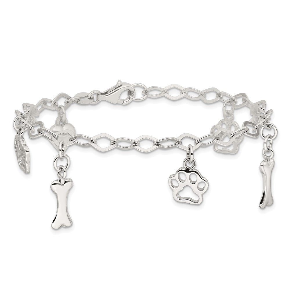 Sterlingsilber Rhodiniert Hund Bone Paw Herz Charm 7.5 Zoll Armband