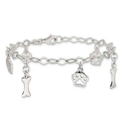 Sterlingsilber Rhodiniert Hund Bone Paw Herz Charm 7.5 Zoll Armband