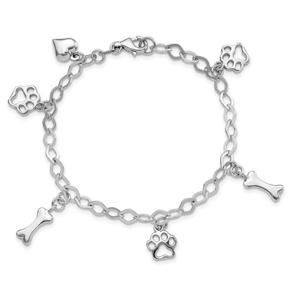 Sterlingsilber Rhodiniert Hund Bone Paw Herz Charm 7.5 Zoll Armband