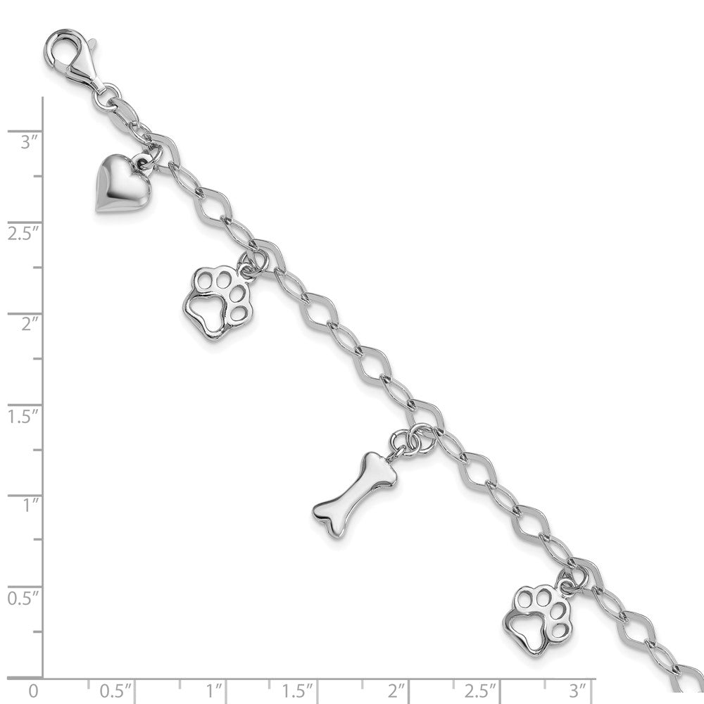 Sterlingsilber Rhodiniert Hund Bone Paw Herz Charm 7.5 Zoll Armband