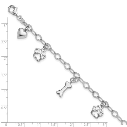 Sterlingsilber Rhodiniert Hund Bone Paw Herz Charm 7.5 Zoll Armband
