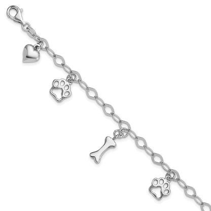 Sterlingsilber Rhodiniert Hund Bone Paw Herz Charm 7.5 Zoll Armband