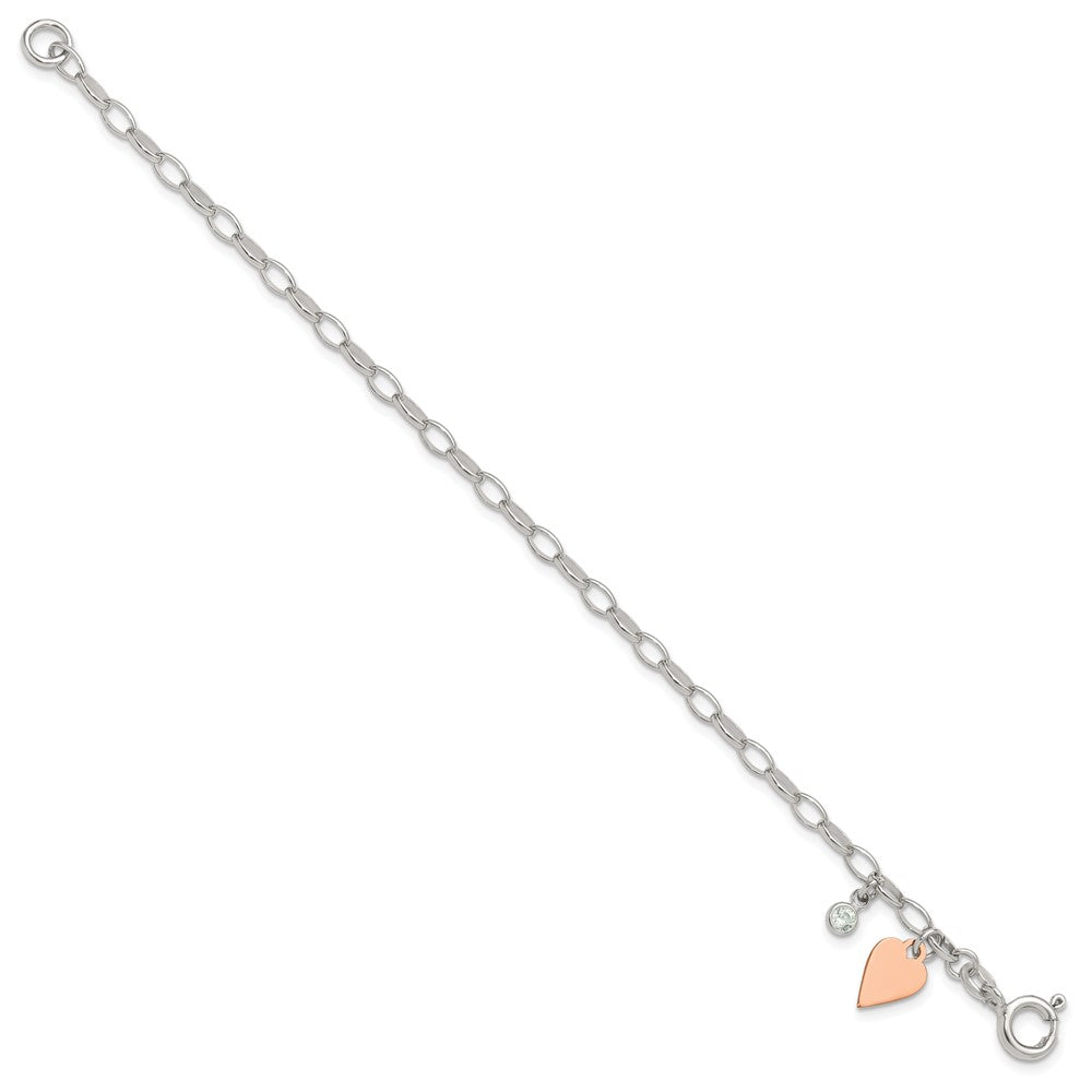 Sterlingsilber Rose Vergoldet Poliert mit Herz und Zirkonia Glieder Armband