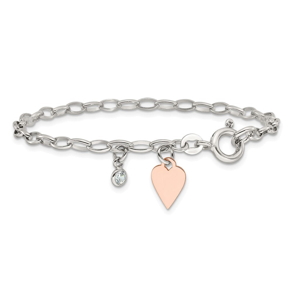 Sterlingsilber Rose Vergoldet Poliert mit Herz und Zirkonia Glieder Armband