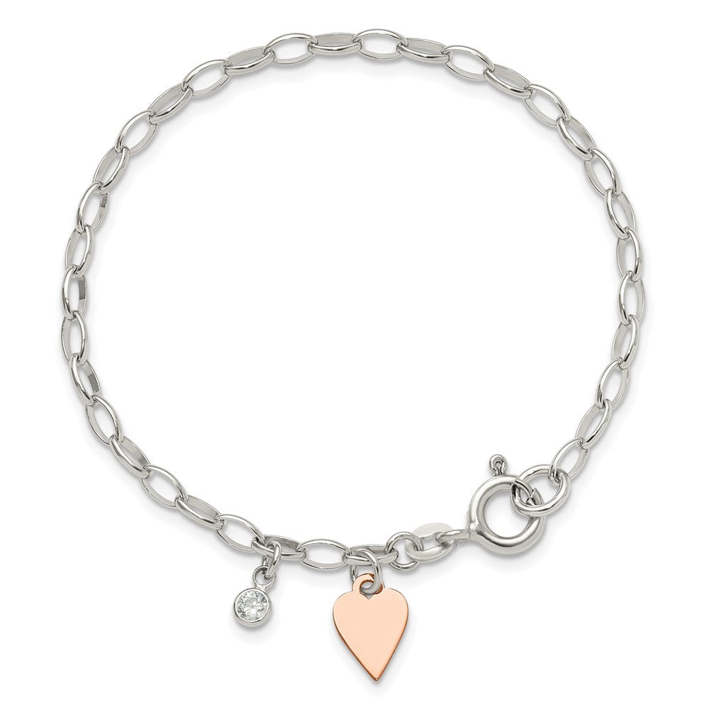 Sterlingsilber Rose Vergoldet Poliert mit Herz und Zirkonia Glieder Armband