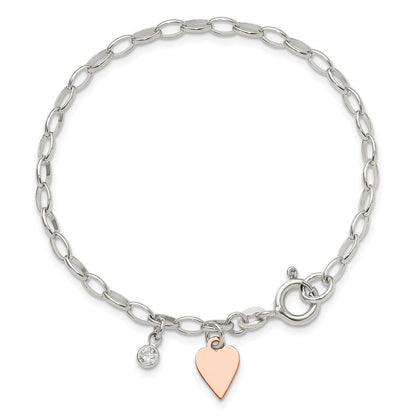 Sterlingsilber Rose Vergoldet Poliert mit Herz und Zirkonia Glieder Armband