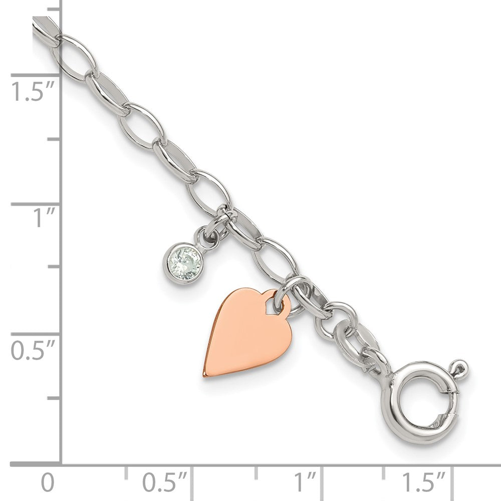 Sterlingsilber Rose Vergoldet Poliert mit Herz und Zirkonia Glieder Armband