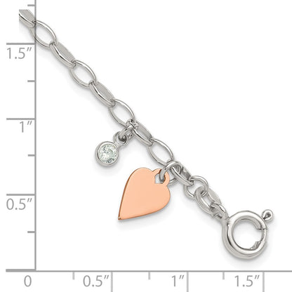 Sterlingsilber Rose Vergoldet Poliert mit Herz und Zirkonia Glieder Armband
