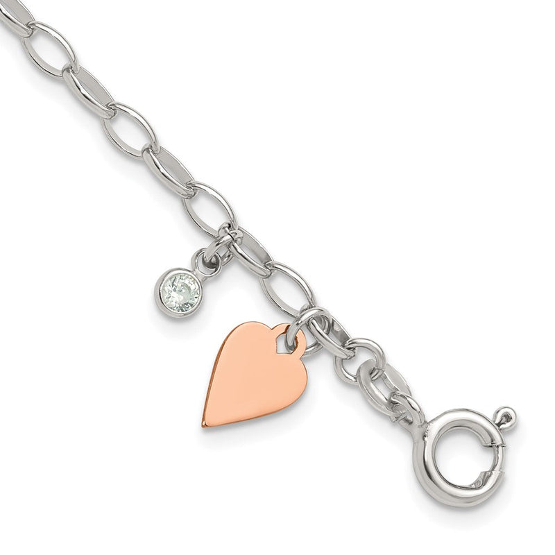 Sterlingsilber Rose Vergoldet Poliert mit Herz und Zirkonia Glieder Armband