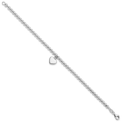 Sterlingsilber Rhodiniert 4mm Gekugelt Hängend Herz 7.5 Zoll Armband
