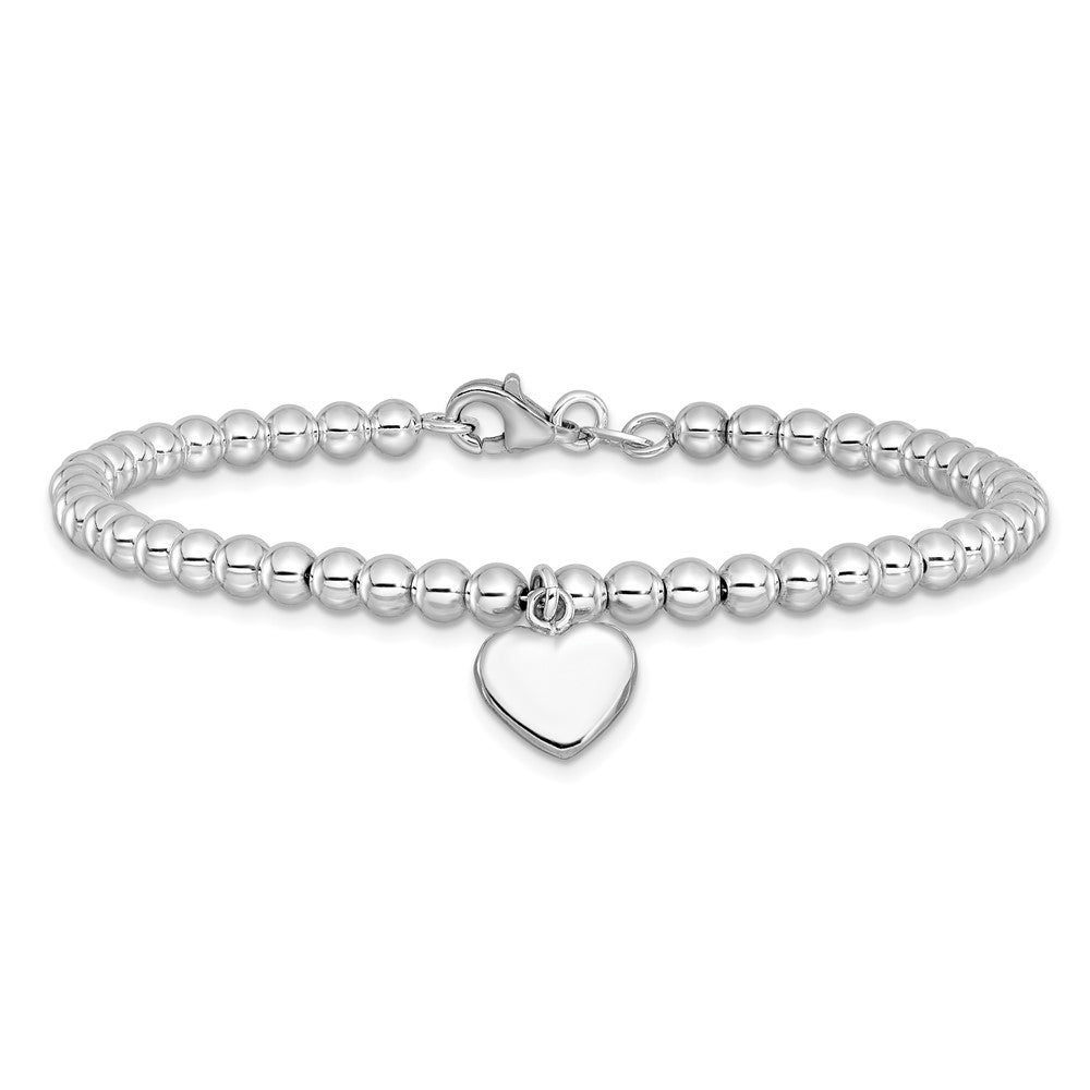 Sterlingsilber Rhodiniert 4mm Gekugelt Hängend Herz 7.5 Zoll Armband