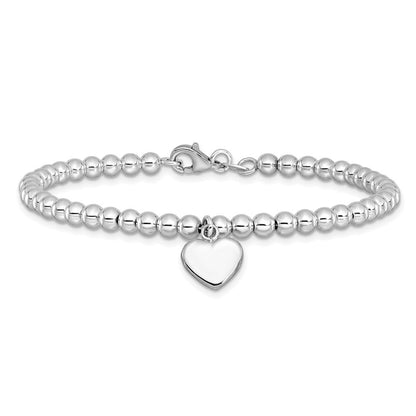 Sterlingsilber Rhodiniert 4mm Gekugelt Hängend Herz 7.5 Zoll Armband