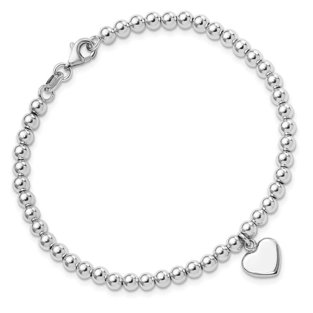 Sterlingsilber Rhodiniert 4mm Gekugelt Hängend Herz 7.5 Zoll Armband