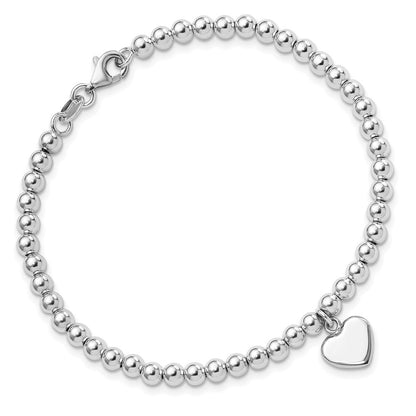 Sterlingsilber Rhodiniert 4mm Gekugelt Hängend Herz 7.5 Zoll Armband