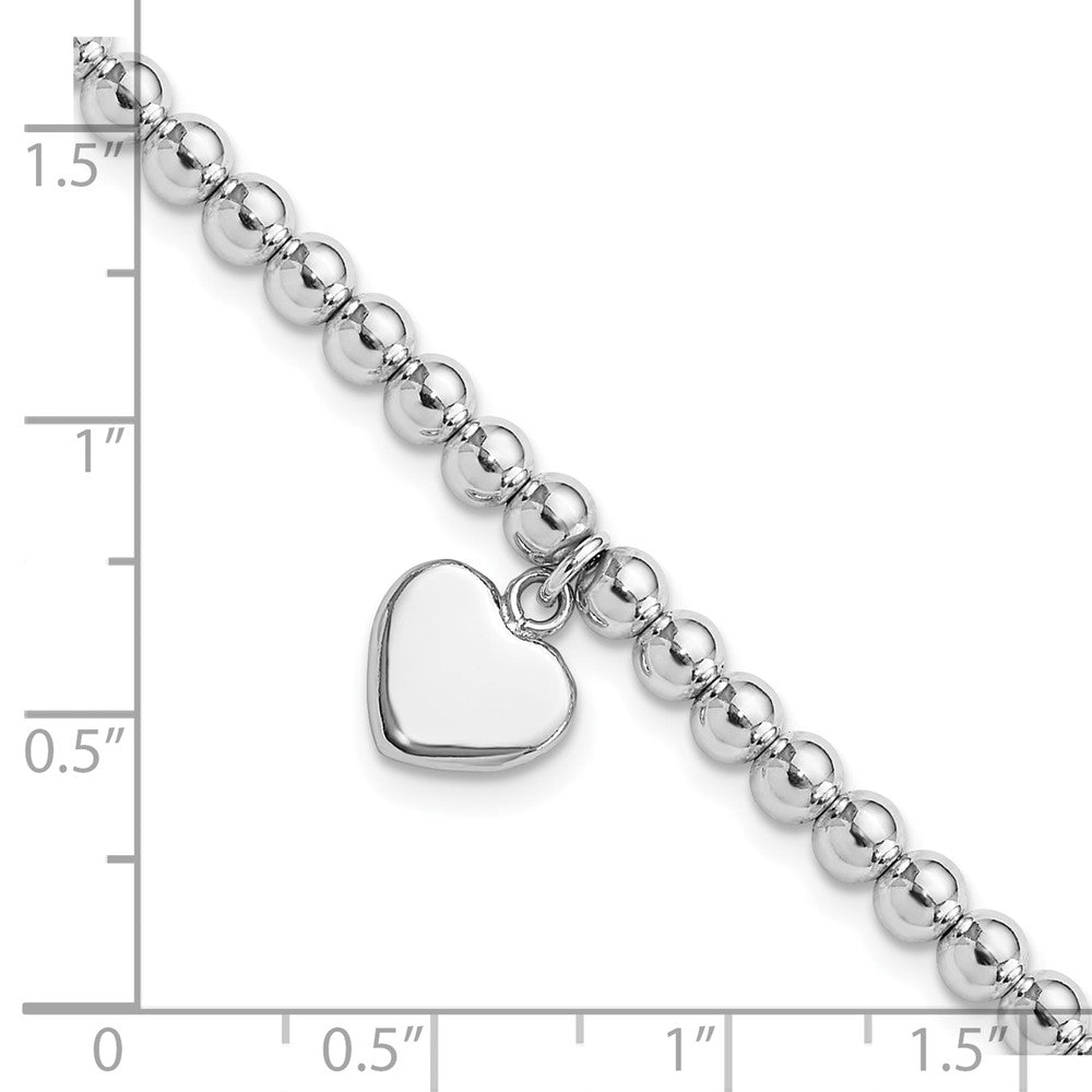 Sterlingsilber Rhodiniert 4mm Gekugelt Hängend Herz 7.5 Zoll Armband