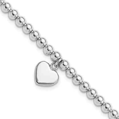Sterlingsilber Rhodiniert 4mm Gekugelt Hängend Herz 7.5 Zoll Armband