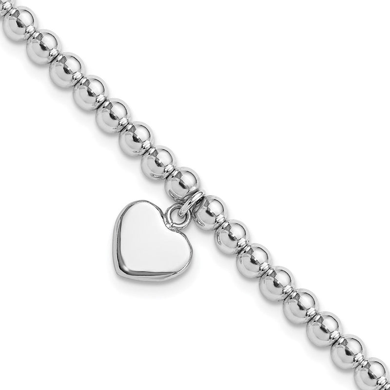Sterlingsilber Rhodiniert 4mm Gekugelt Hängend Herz 7.5 Zoll Armband
