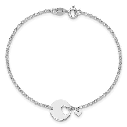 Sterlingsilber Rhodiniert Herz und Ausgeschnitten Plättchen 7.5 Zoll Armband