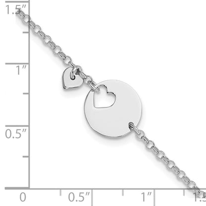 Sterlingsilber Rhodiniert Herz und Ausgeschnitten Plättchen 7.5 Zoll Armband