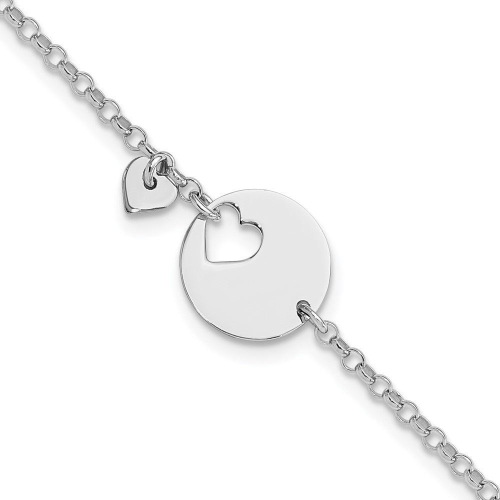 Sterlingsilber Rhodiniert Herz und Ausgeschnitten Plättchen 7.5 Zoll Armband