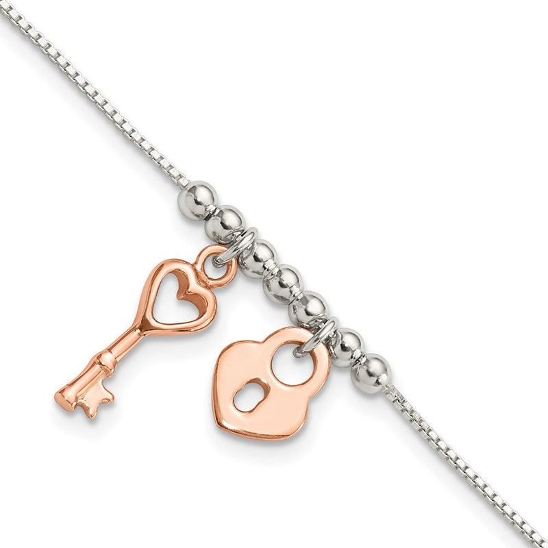 Sterlingsilber mit Roséfarben Schloss und Key Gekugelt 7 Zoll mit 1 Zoll Verlängerung. Armband