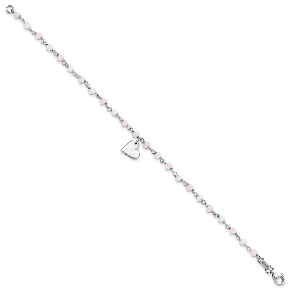 Sterlingsilber Rhodiniert Herz Rosa/white Glas Perlen 7.5 Zoll Armband
