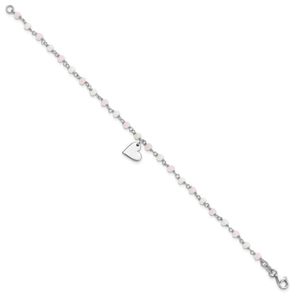 Sterlingsilber Rhodiniert Herz Rosa/white Glas Perlen 7.5 Zoll Armband