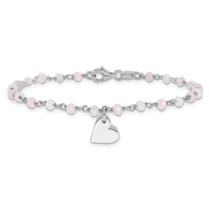 Sterlingsilber Rhodiniert Herz Rosa/white Glas Perlen 7.5 Zoll Armband