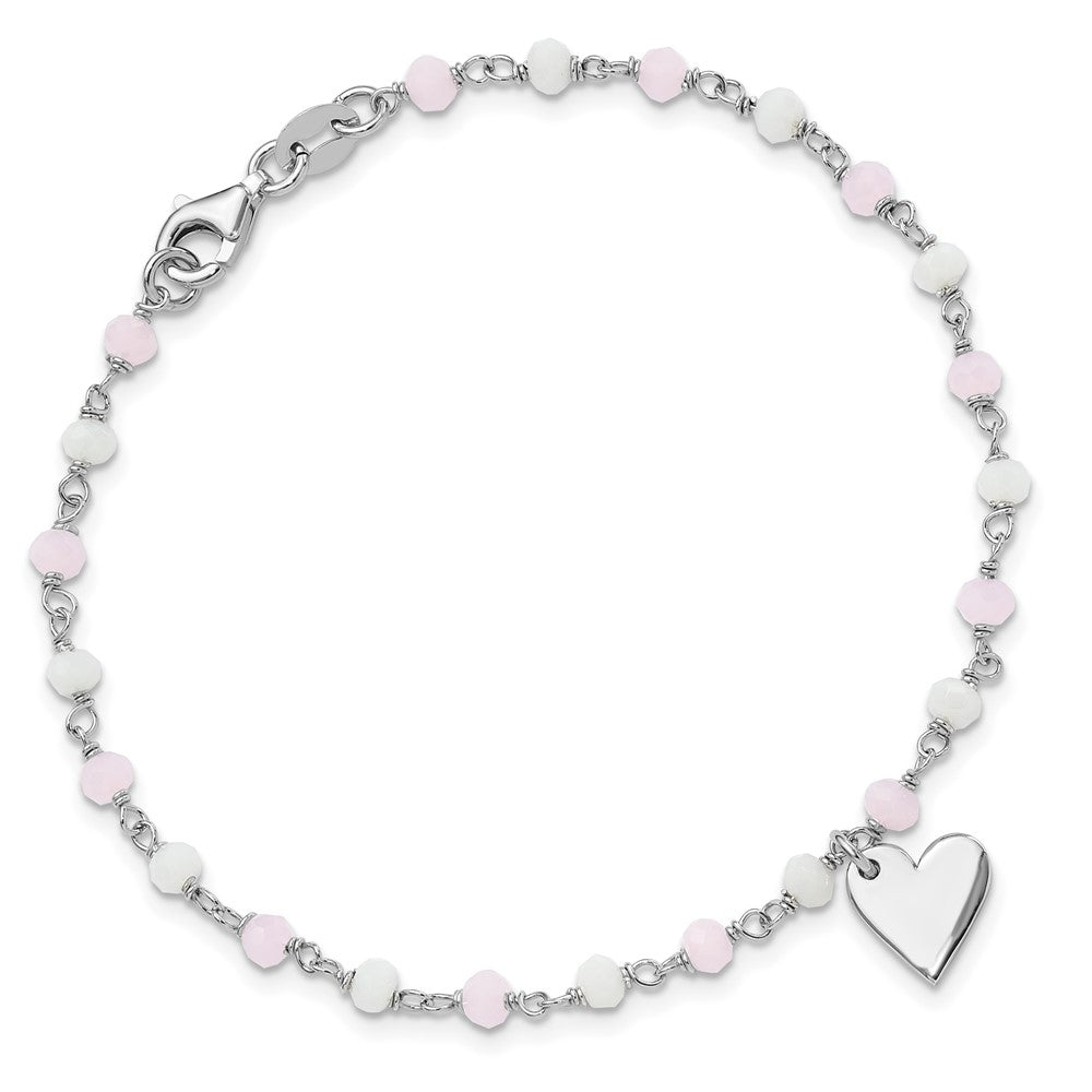Sterlingsilber Rhodiniert Herz Rosa/white Glas Perlen 7.5 Zoll Armband
