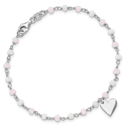 Sterlingsilber Rhodiniert Herz Rosa/white Glas Perlen 7.5 Zoll Armband