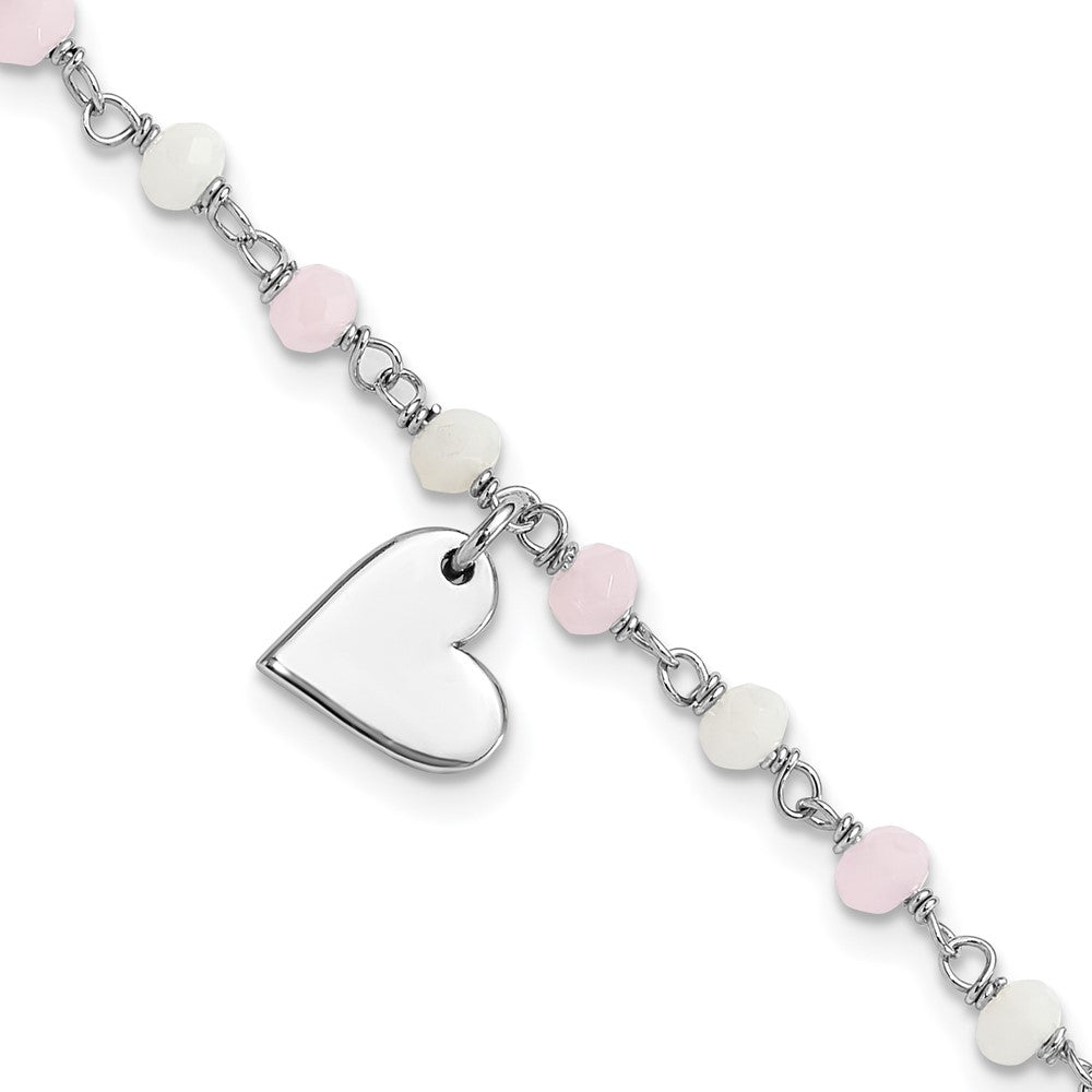 Sterlingsilber Rhodiniert Herz Rosa/white Glas Perlen 7.5 Zoll Armband
