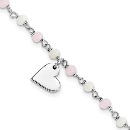 Sterlingsilber Rhodiniert Herz Rosa/white Glas Perlen 7.5 Zoll Armband