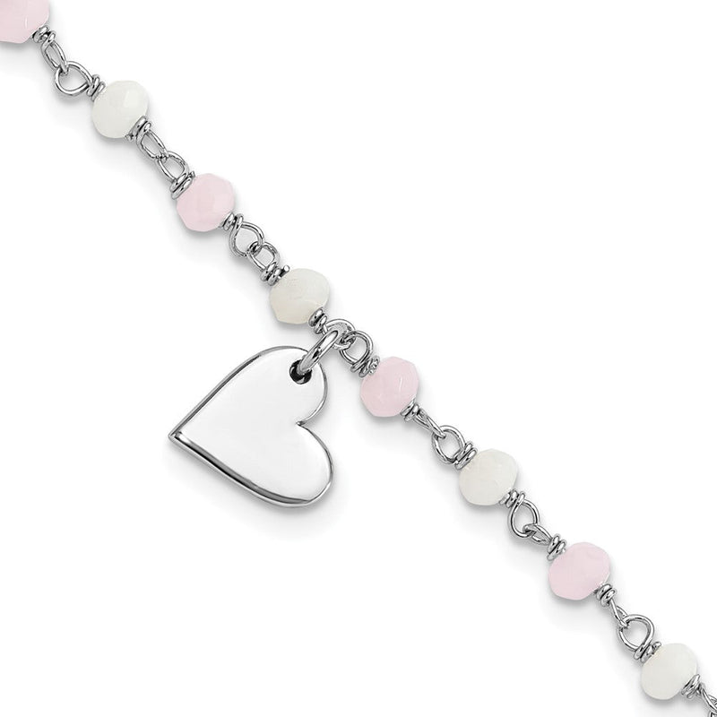 Sterlingsilber Rhodiniert Herz Rosa/white Glas Perlen 7.5 Zoll Armband