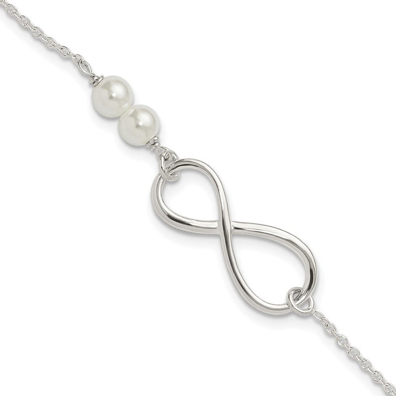 Sterlingsilber Poliert Synthetisch Pearls und Unendlichkeit mit 1 Zoll Verlängerung Bracele