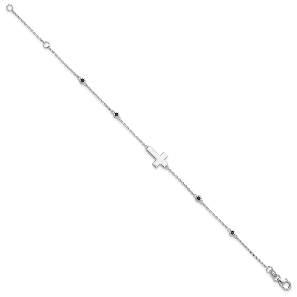 Sterlingsilber Rhodiniert Kreuz Schwarz Spinell 7 Zoll mit 1 Zoll Verlängerung. Armband