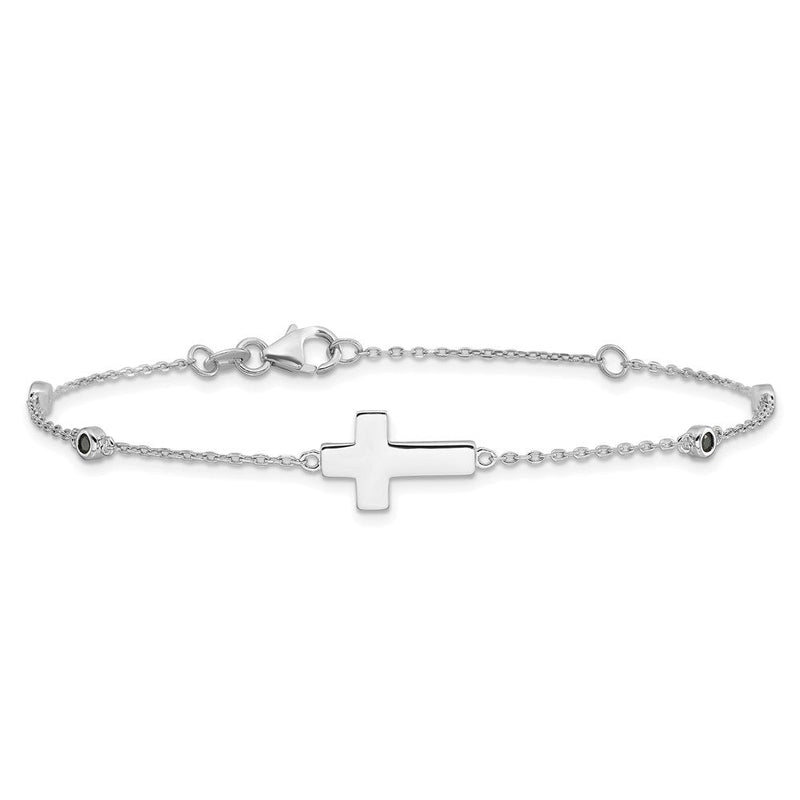 Sterlingsilber Rhodiniert Kreuz Schwarz Spinell 7 Zoll mit 1 Zoll Verlängerung. Armband