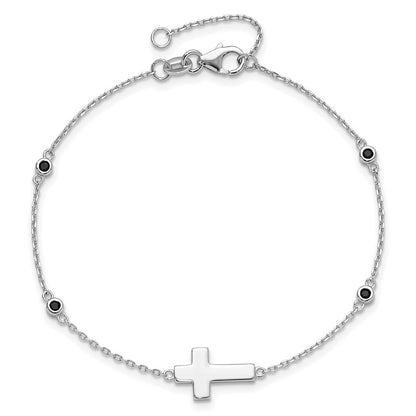 Sterlingsilber Rhodiniert Kreuz Schwarz Spinell 7 Zoll mit 1 Zoll Verlängerung. Armband
