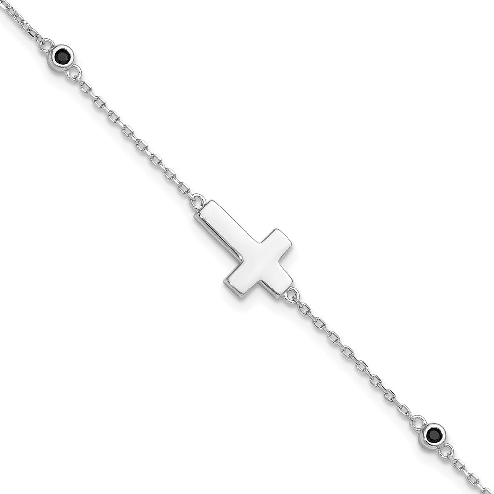 Sterlingsilber Rhodiniert Kreuz Schwarz Spinell 7 Zoll mit 1 Zoll Verlängerung. Armband