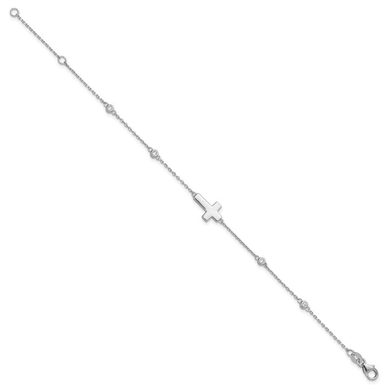 Sterlingsilber Rhodiniert Zirkonia Seitlich Kreuz 7 Zoll mit 1 Zoll Verlängerung. Armband