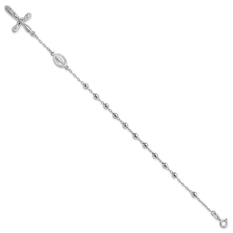 Sterlingsilber Rhodiniert Hängend Kreuz Gekugelt Rosenkranz 7.5 Zoll Armband