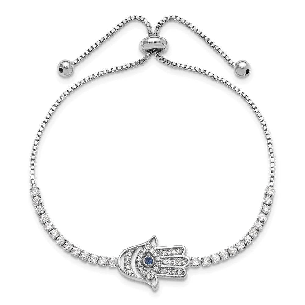 Sterlingsilber Rhodiniert Klar und Blau Zirkonia Böse Auge Hamsa Adj Armband