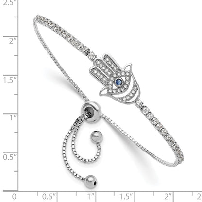 Sterlingsilber Rhodiniert Klar und Blau Zirkonia Böse Auge Hamsa Adj Armband