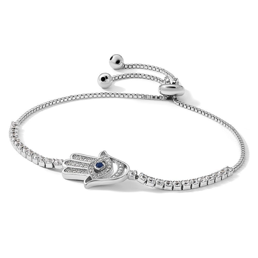 Sterlingsilber Rhodiniert Klar und Blau Zirkonia Böse Auge Hamsa Adj Armband