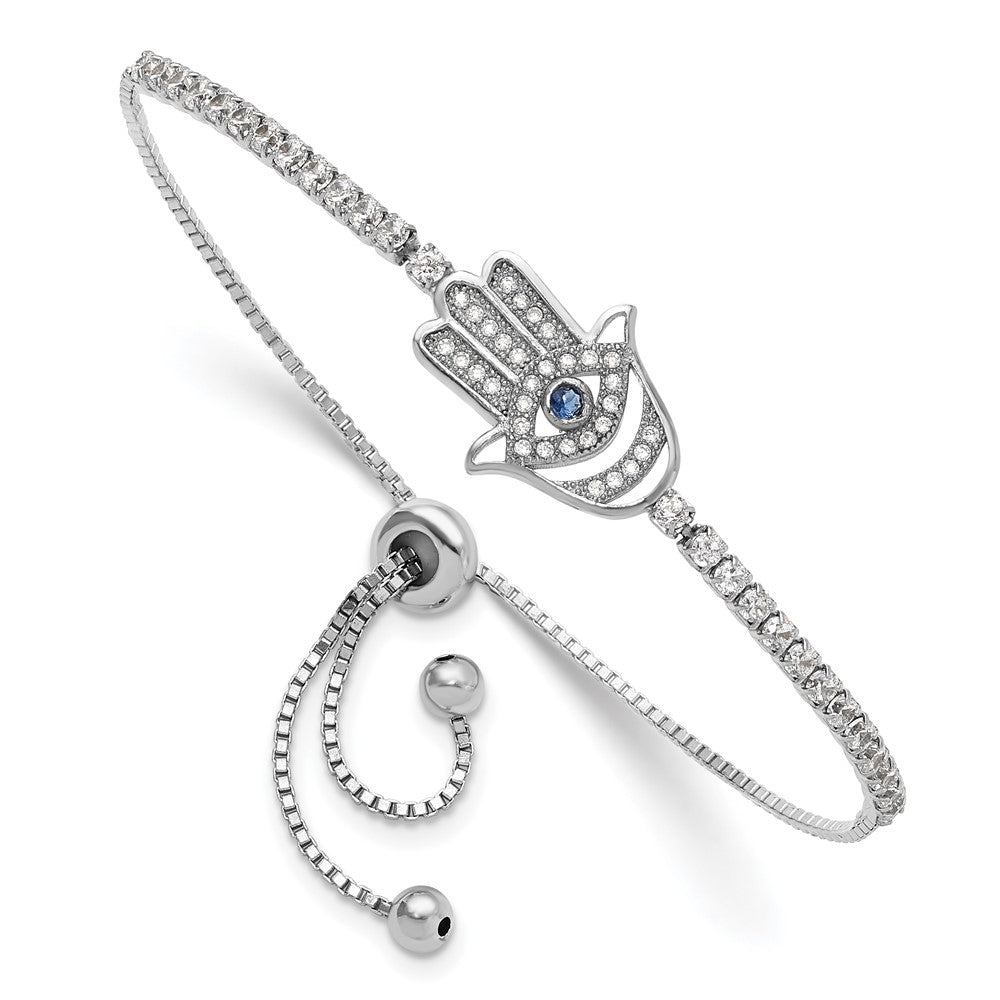 Sterlingsilber Rhodiniert Klar und Blau Zirkonia Böse Auge Hamsa Adj Armband